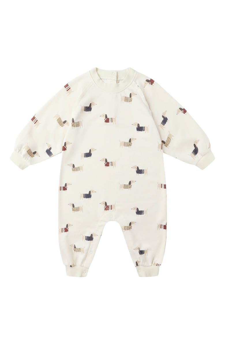 Rylee + Cru Dachsund Print French Terry Romper, Main, color, Natural