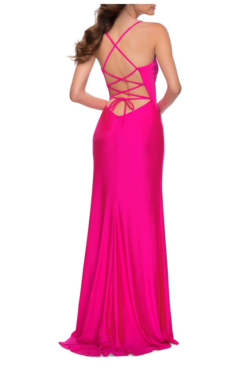 La Femme Neon Pink Jersey Gown with Knot Waist and Lace Up Back, Alternate, color, Hot Pink