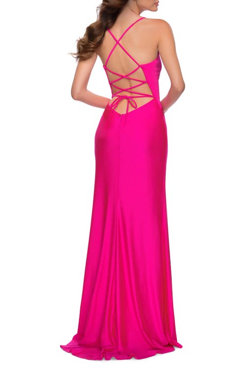 La Femme Neon Pink Jersey Gown With Knot Waist And Lace Up Back