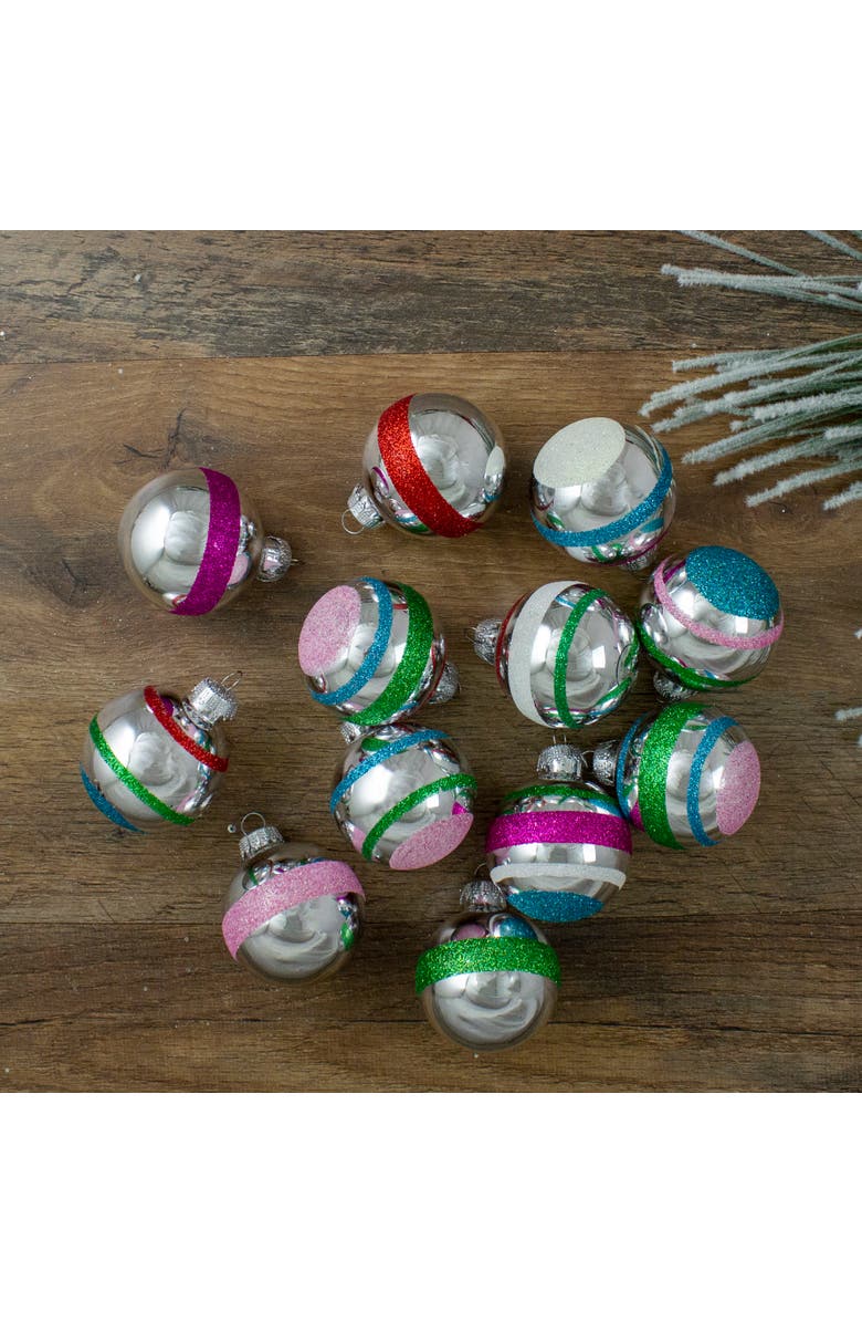 Northlight Glitter Striped Glass Christmas Ball Ornaments - 2.25" (55mm) - Silver and Pink- 12ct, Alternate, color, Silver