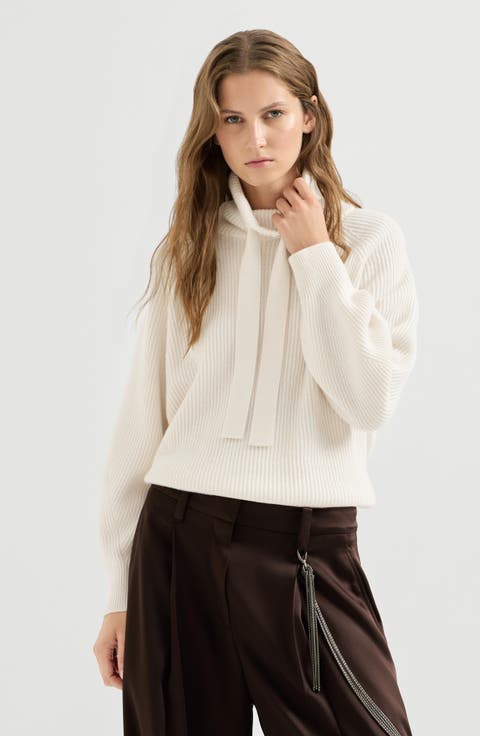 Cashmere English rib turtleneck sweater with ribbon