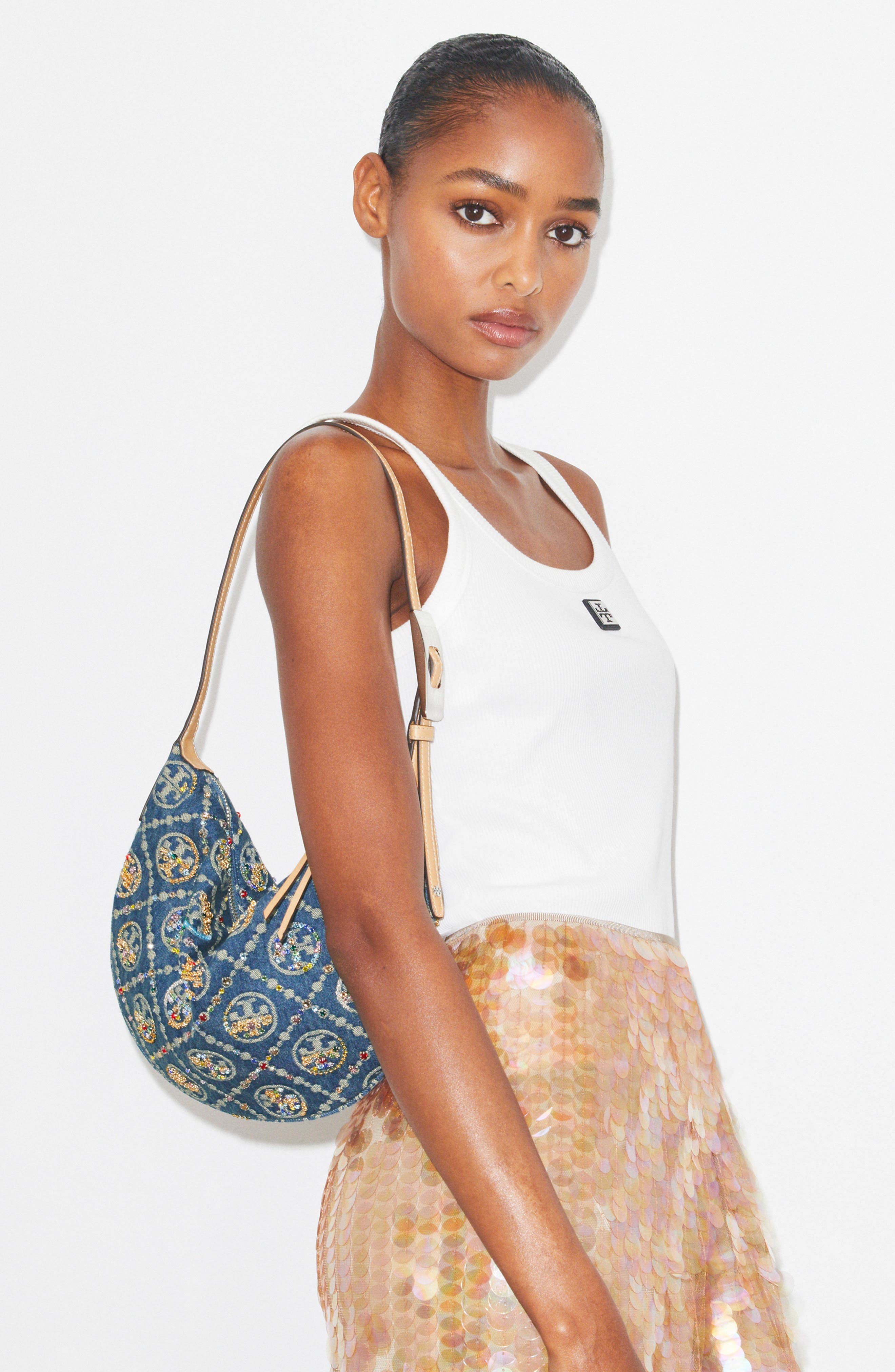 Tory Burch T Monogram Embellished Denim Shoulder Bag, Alternate, color, 