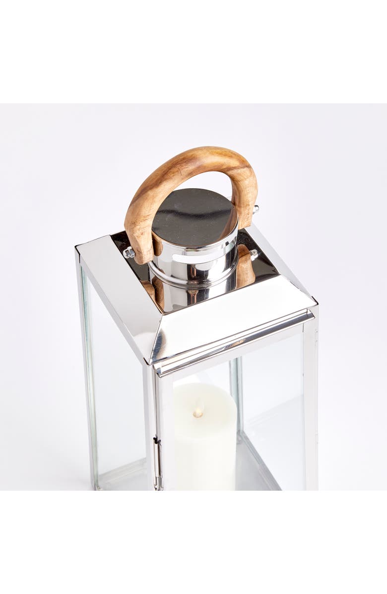 Napa Home & Garden 19" Oceanside Large Decorative Outdoor Chrome Finish Pillar Candle Lantern w/ Teakwood Handle, Alternate, color,