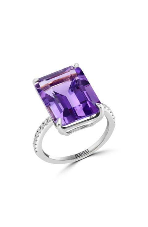 Sterling Silver Emerald Cut Amethyst & White Sapphire Ring