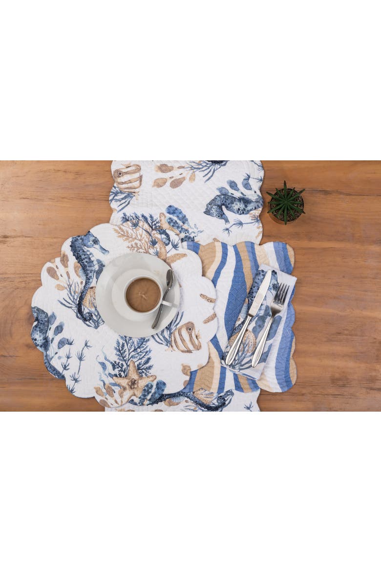 Seahorse Sands Reversible Graphic Print Machine Washable Scallop Quilt Table Runner 14" x 51", Alternate, color, Blue