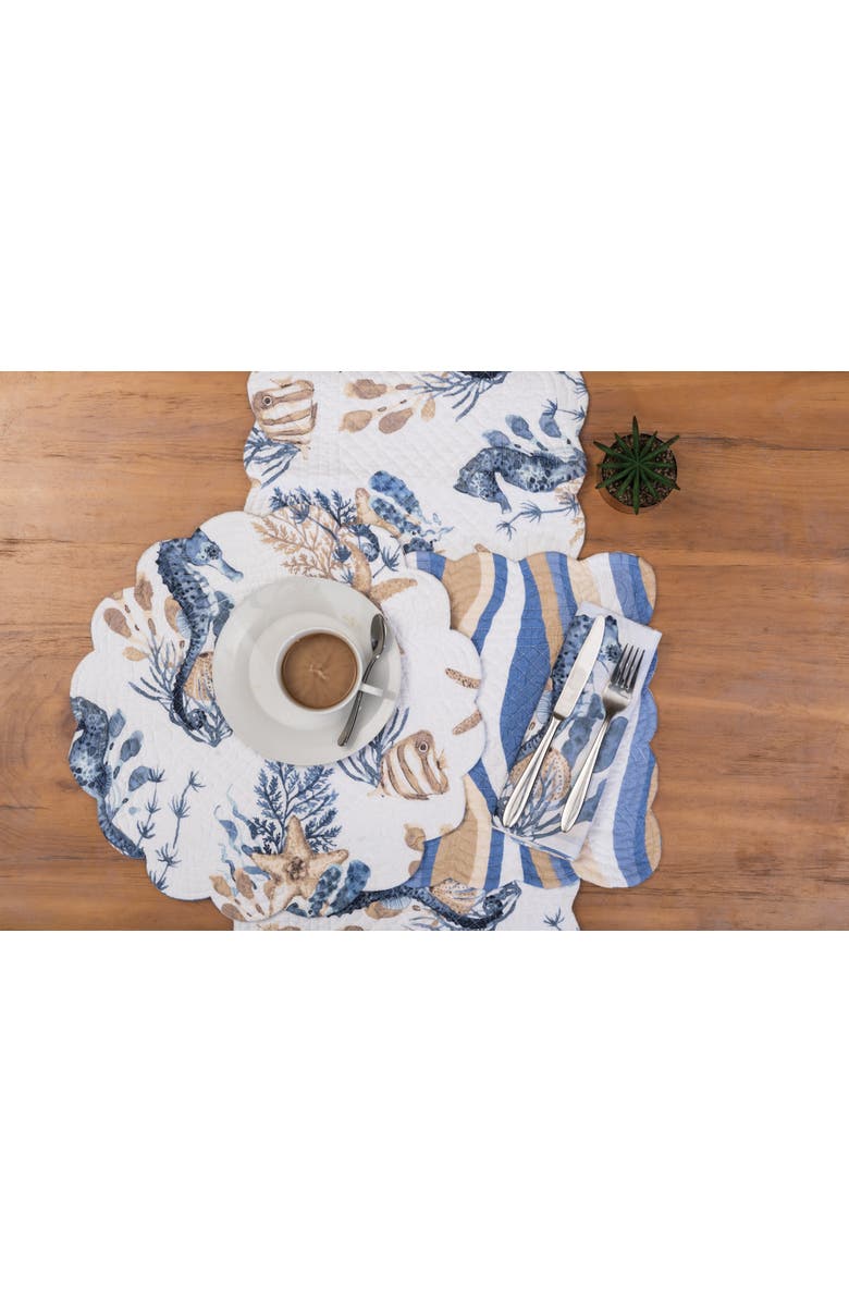 C&F Home Seahorse Sands Reversible Graphic Print Machine Washable Scallop Quilt Table Runner 14" x 51", Alternate, color, Blue
