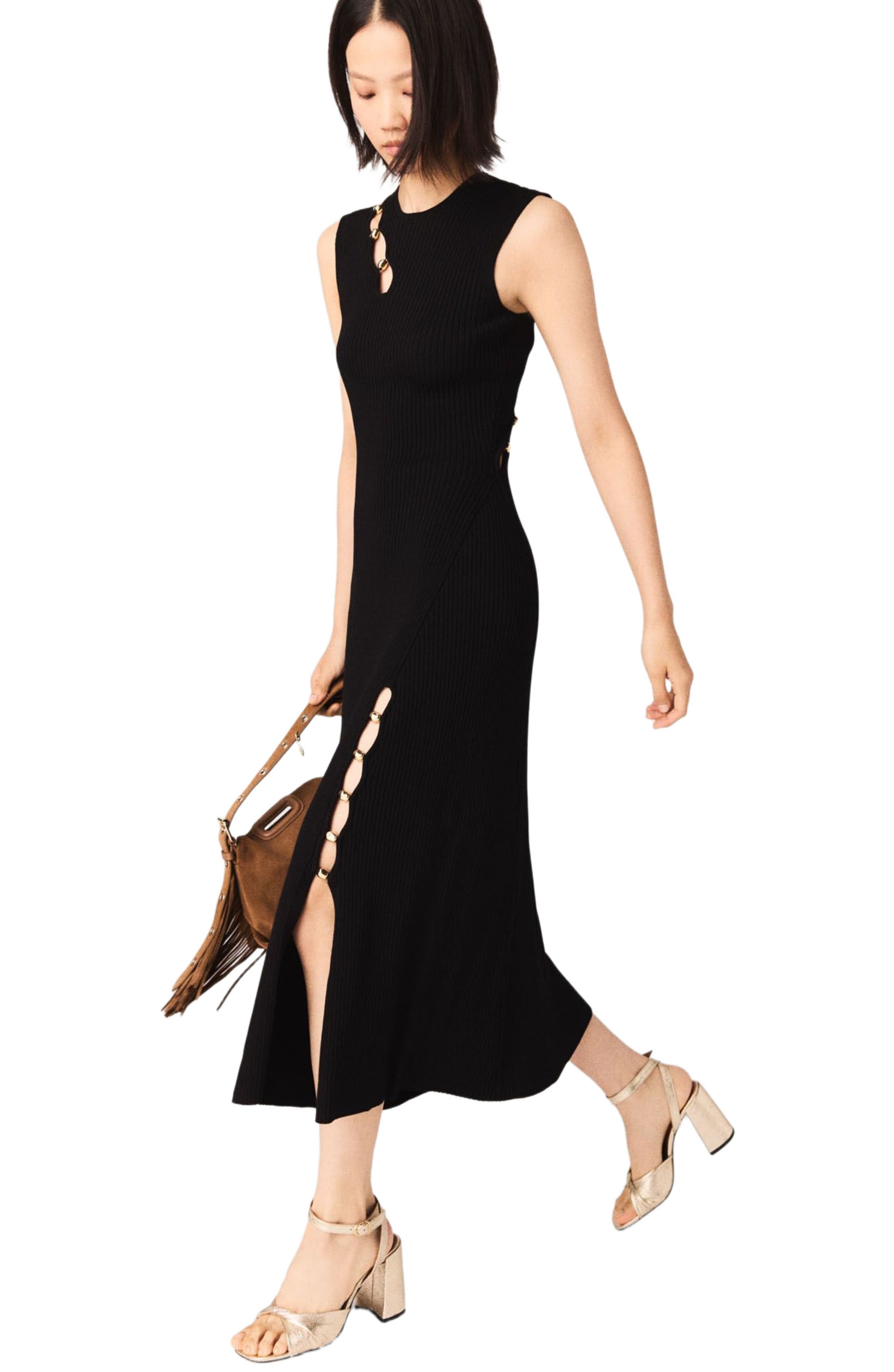 plt black textured rib knit cut out maxi dress Maje Cutaway in at Nordstrom, Size 36 Bottom Size:29x34 it delivers timeless allure colorful summer outfit How to Wear A