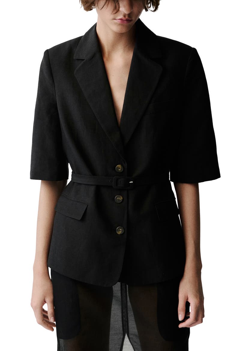 Argelia Short Sleeve Belted Blazer, Main, color, BLACK