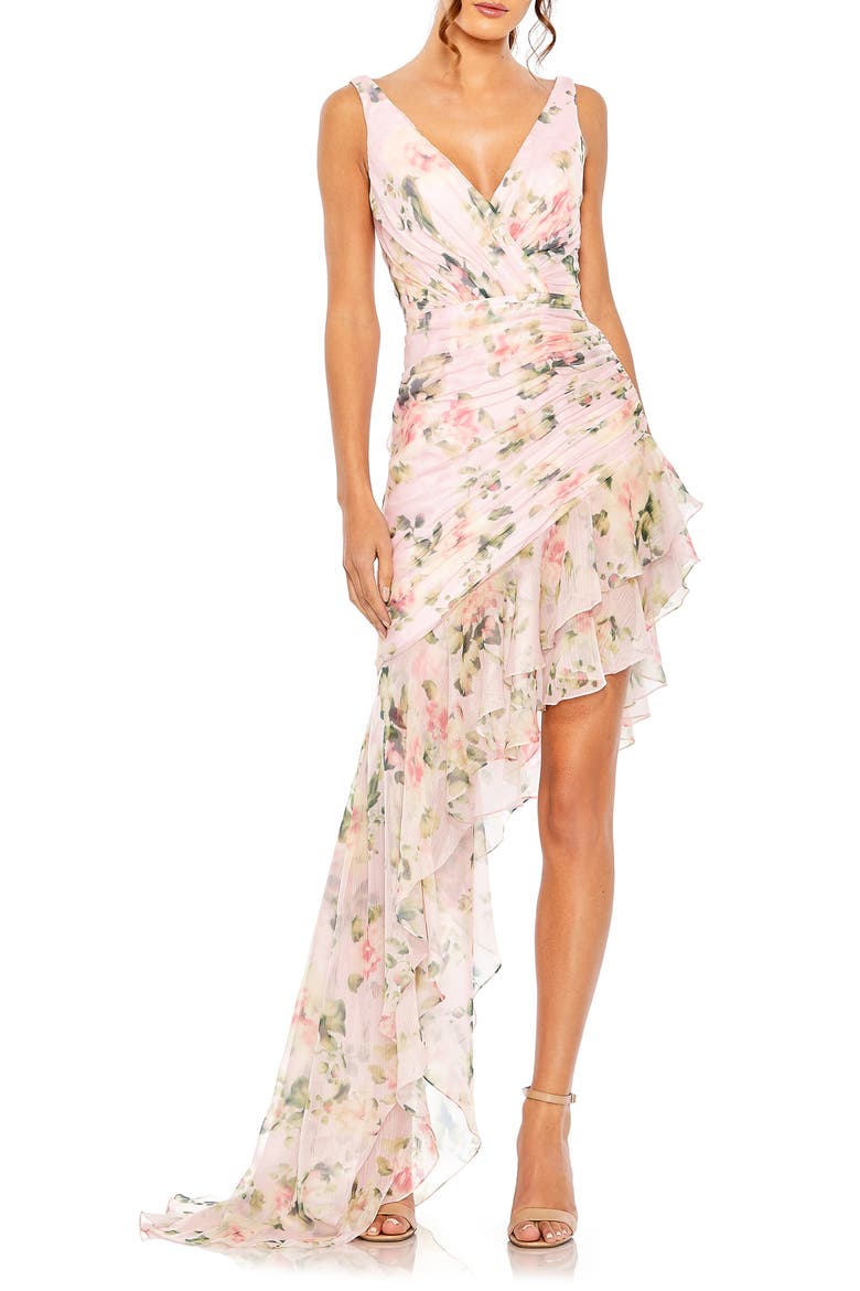 Ruched Trailing Hem Dress, Main, color, PINK MULTI