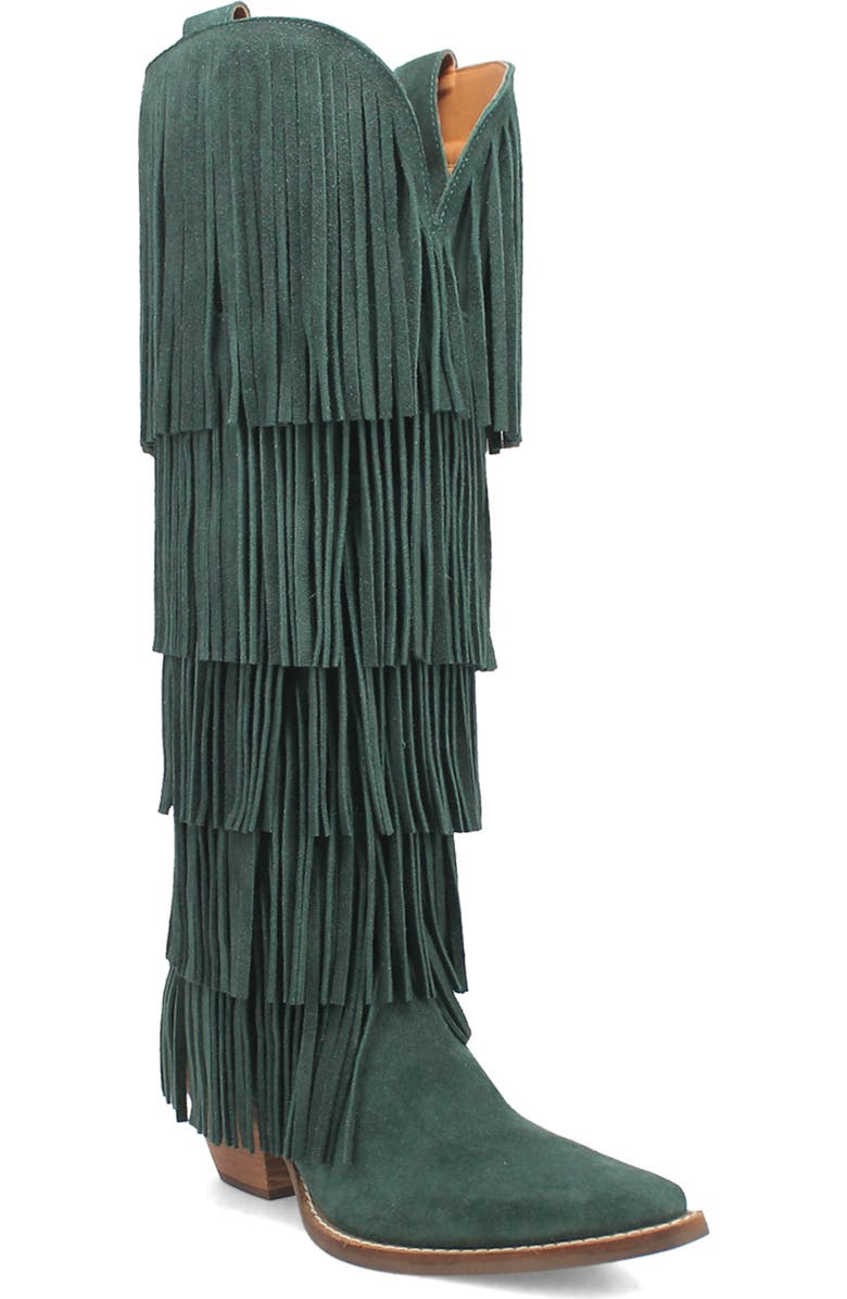 Dingo Wild Child Fringe Knee High Western Boot, Main, color, Green