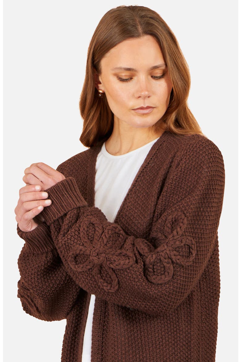 Knitted Flower Detail Sleeve Cardigan, Alternate, color, Brown