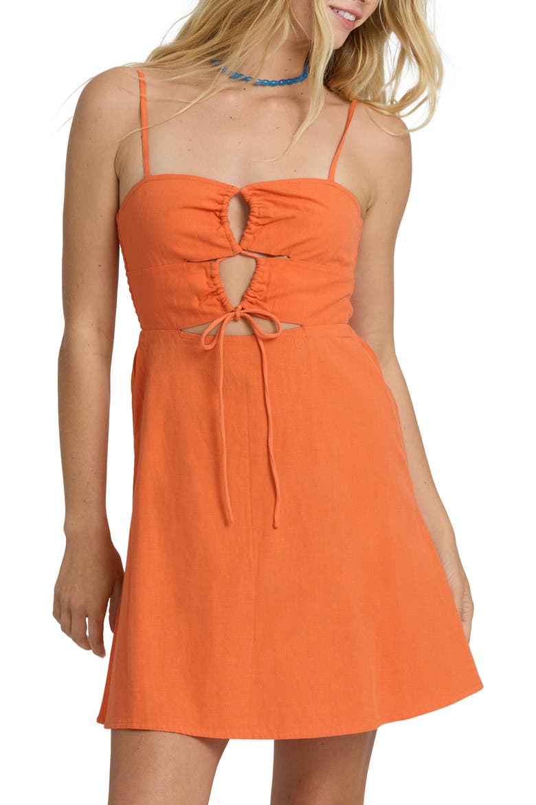 Lima Ruched Smocked Cotton & Linen Mini Sundress, Main, color, SAFFRON