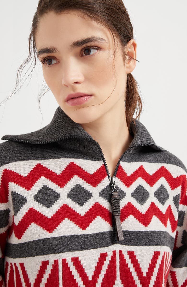 Brunello Cucinelli Virgin wool, cashmere and silk retro jacquard turtleneck sweater with half zip, Alternate, color, 