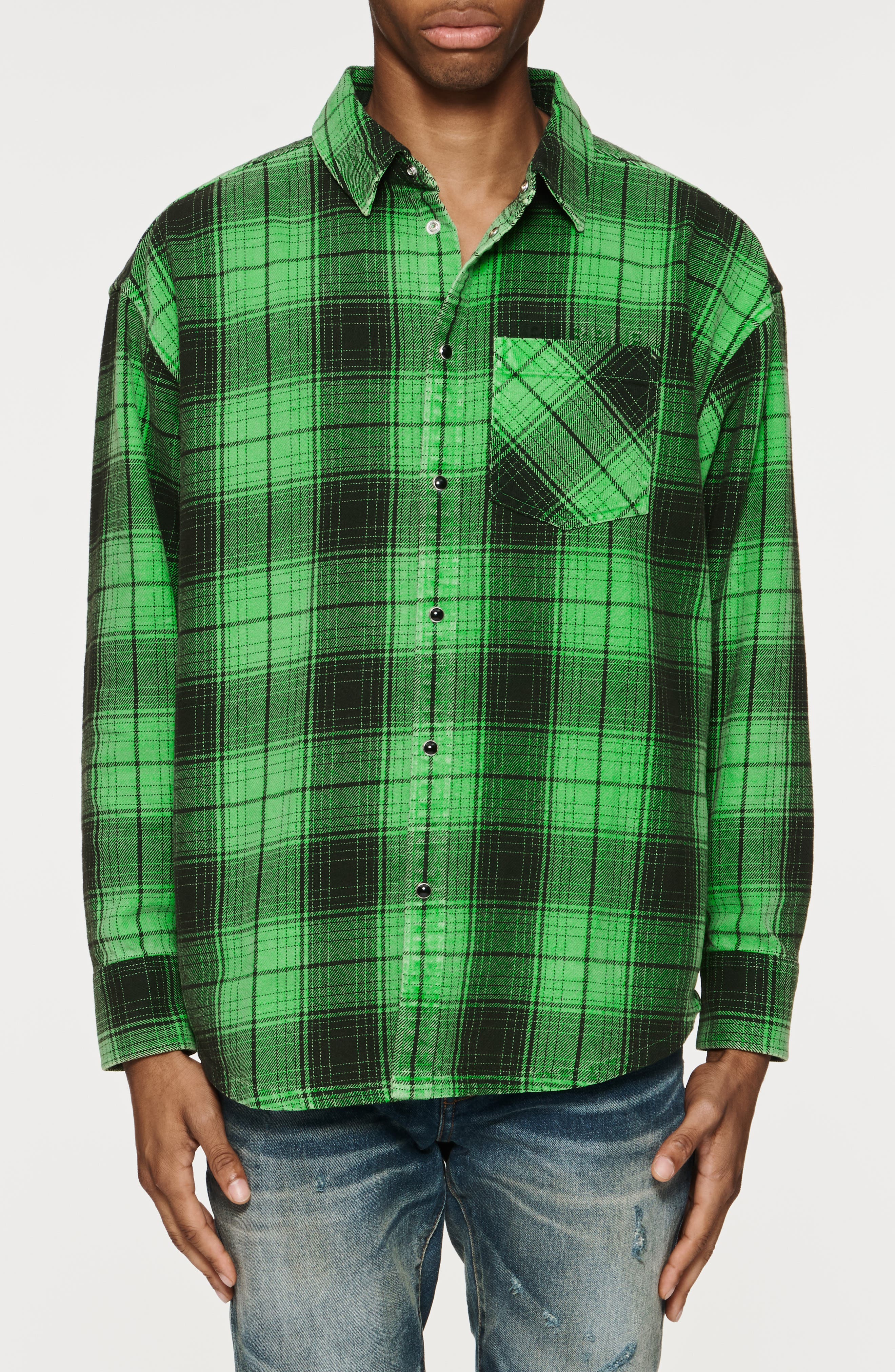 PURPLE BRAND Oversize Plaid Snap-Up Western Shirt