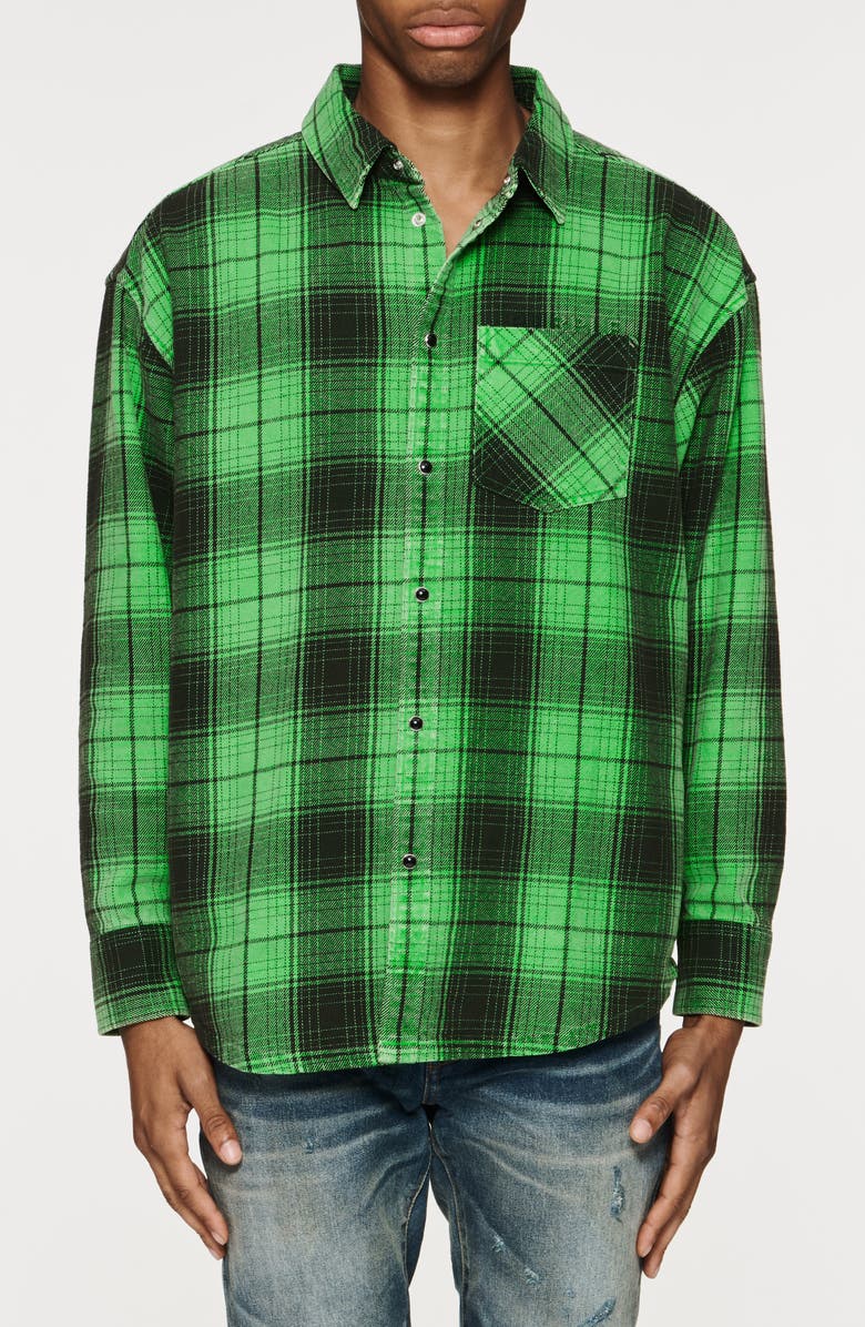 PURPLE BRAND Oversize Plaid Snap-Up Western Shirt, Main, color, Green