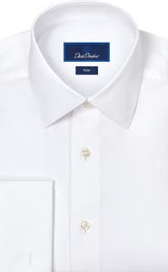 David Donahue Trim Fit White Cotton Dobby Tuxedo Shirt