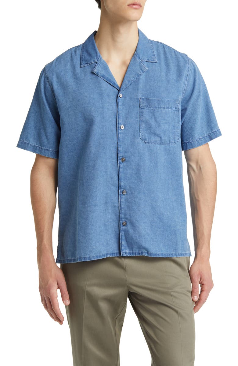FRAME Short Sleeve Cotton & Linen Chambray Camp Shirt, Main, color,