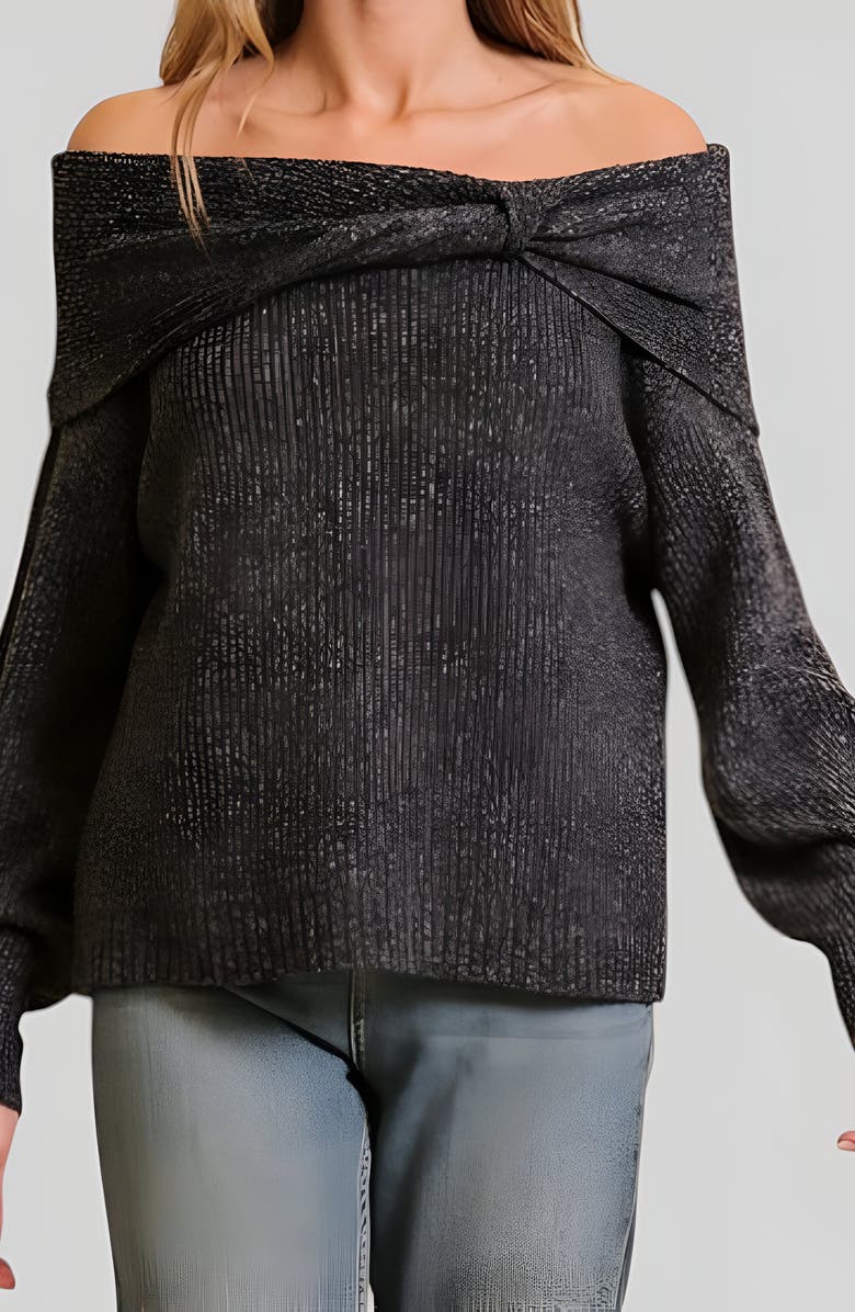 Modenaire Off-Shoulder Sweater with Twisted Neckline and Balloon Sleeves, Alternate, color, Black