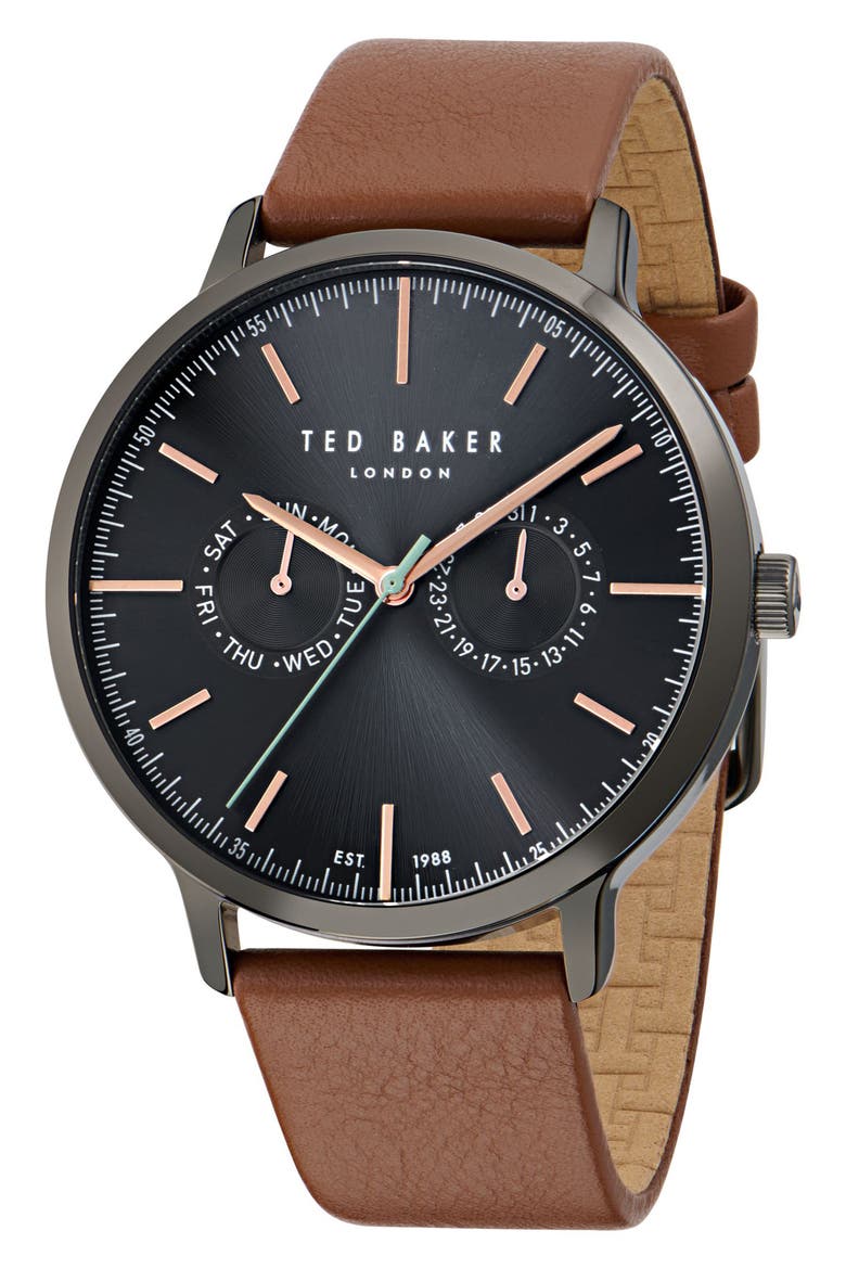 Haarvin Leather Strap Watch, 42mm, Main, color, BROWN