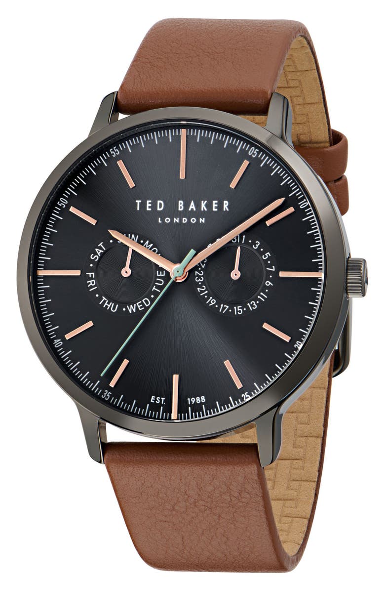 Ted Baker Haarvin Leather Strap Watch, 42mm, Main, color, Brown