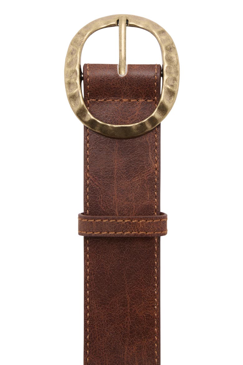 Textured Faux Leather Belt with Round Buckle, Alternate, color, BROWN