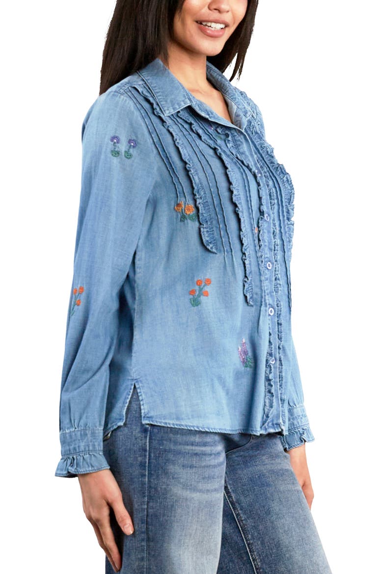 Garden Embroidered Ruffle Pintuck Shirt, Alternate, color, WASHED BLUE