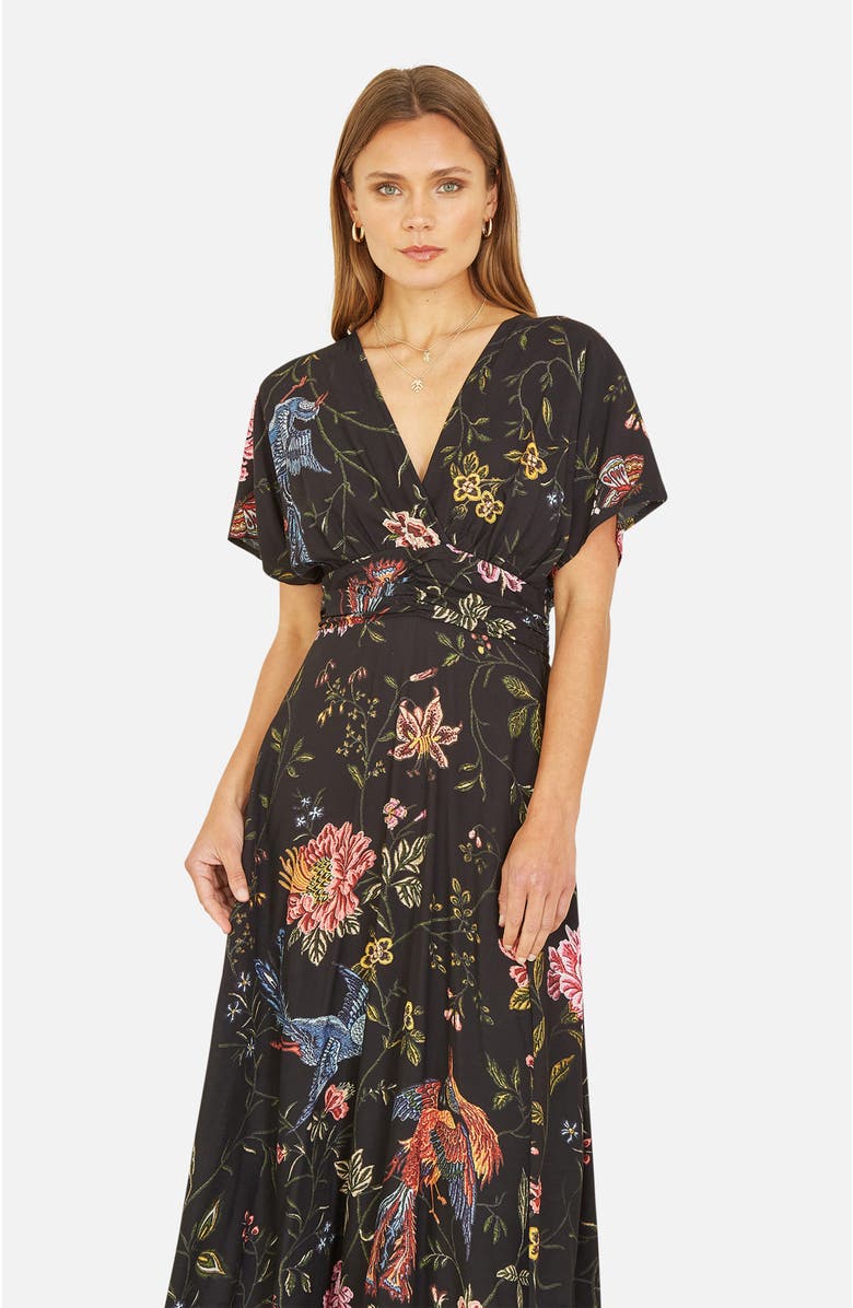 Yumi Short Sleeve V-Neck Ruched Midi Dress, Alternate, color, Black