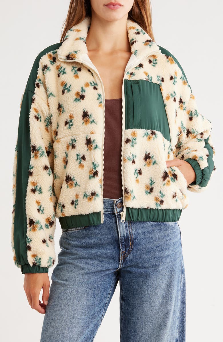 Thread & Supply Floral Fleece Zip-Up Jacket, Main, color, Cream Green Floral