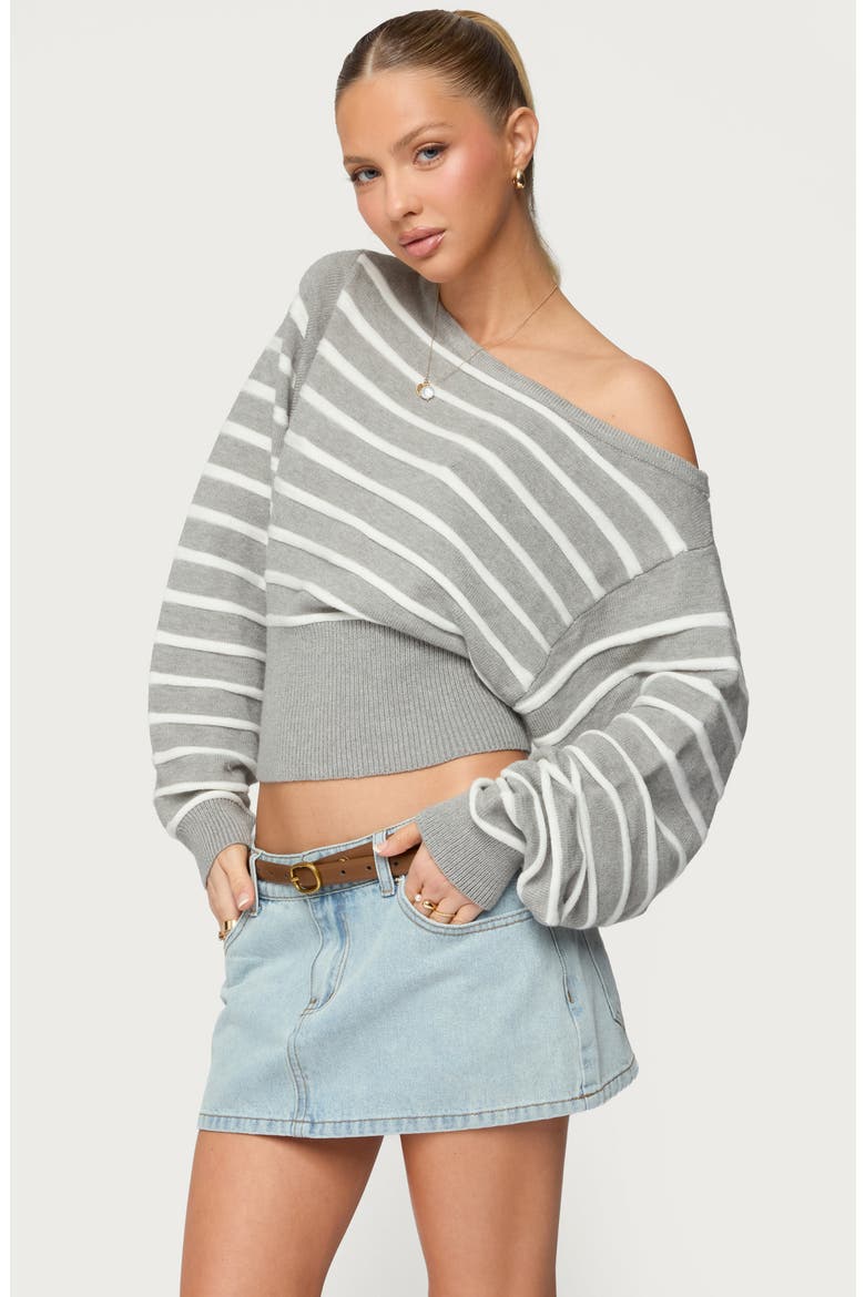 Mika Stripe Off the Shoulder Knit Crop Top, Alternate, color, GRAY-MELANGE