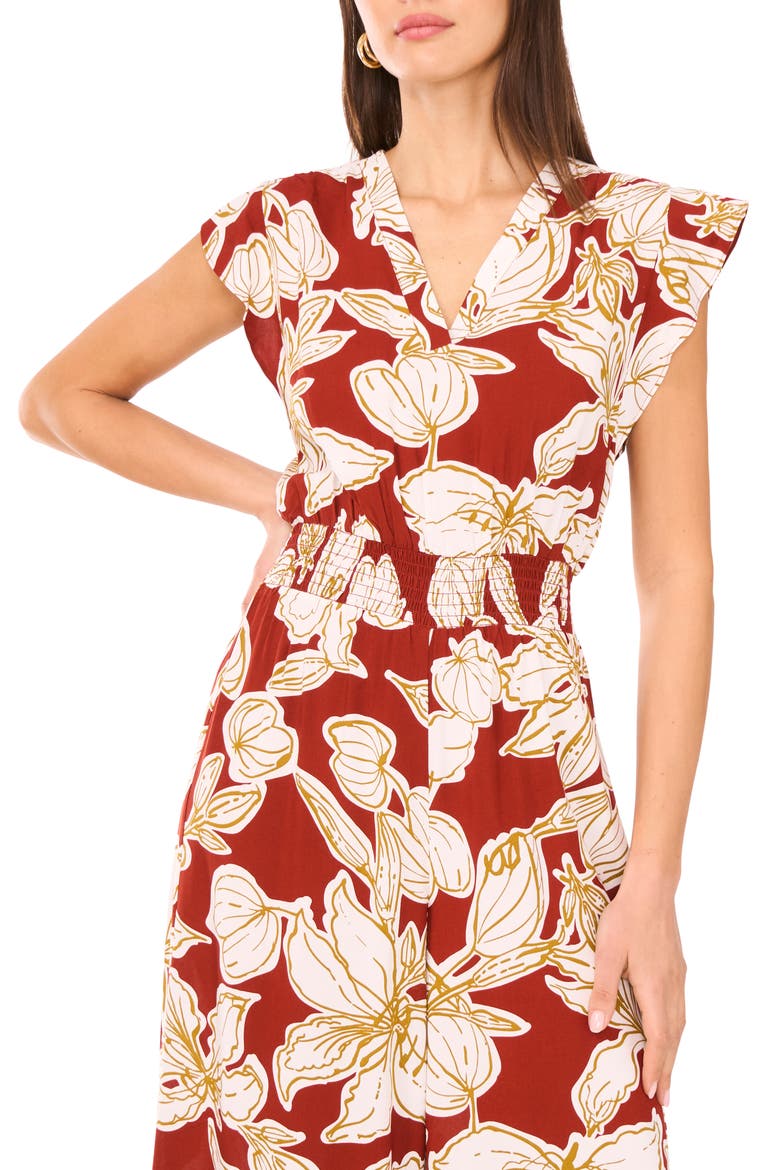Floral Flutter Sleeve Jumpsuit, Alternate, color, CHILI
