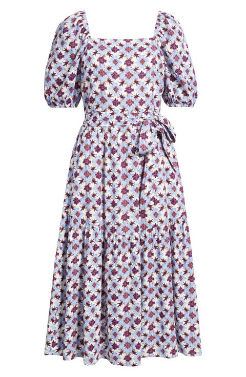 Puff Sleeve Linen Blend Midi Dress