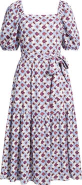 Caslon® Puff Sleeve Linen Blend Midi Dress