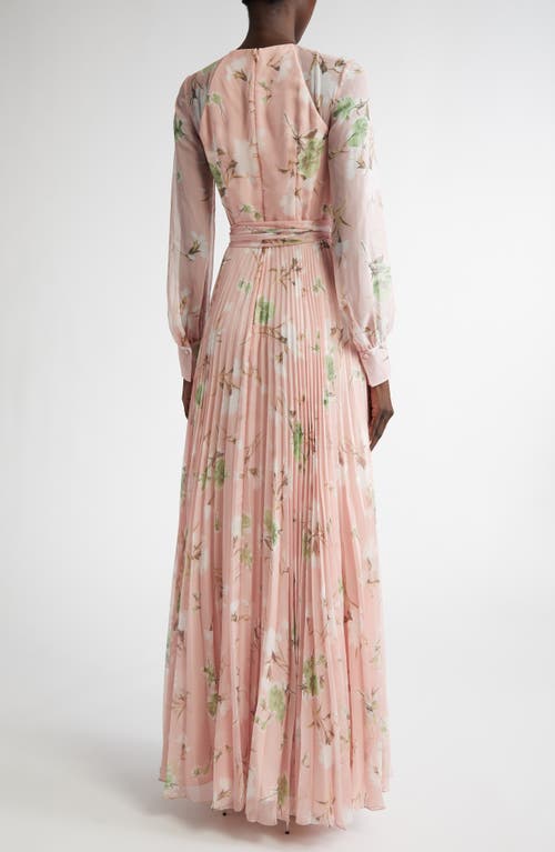 Shop Erdem Floral Pleated Long Sleeve Voile Gown In Marguerite Floral Pink