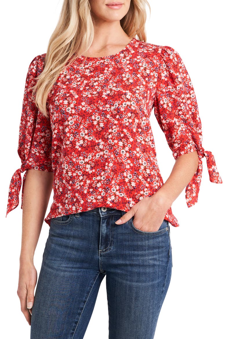 Marabella Ditsy Tie Sleeve Blouse, Main, color, LAVA RED