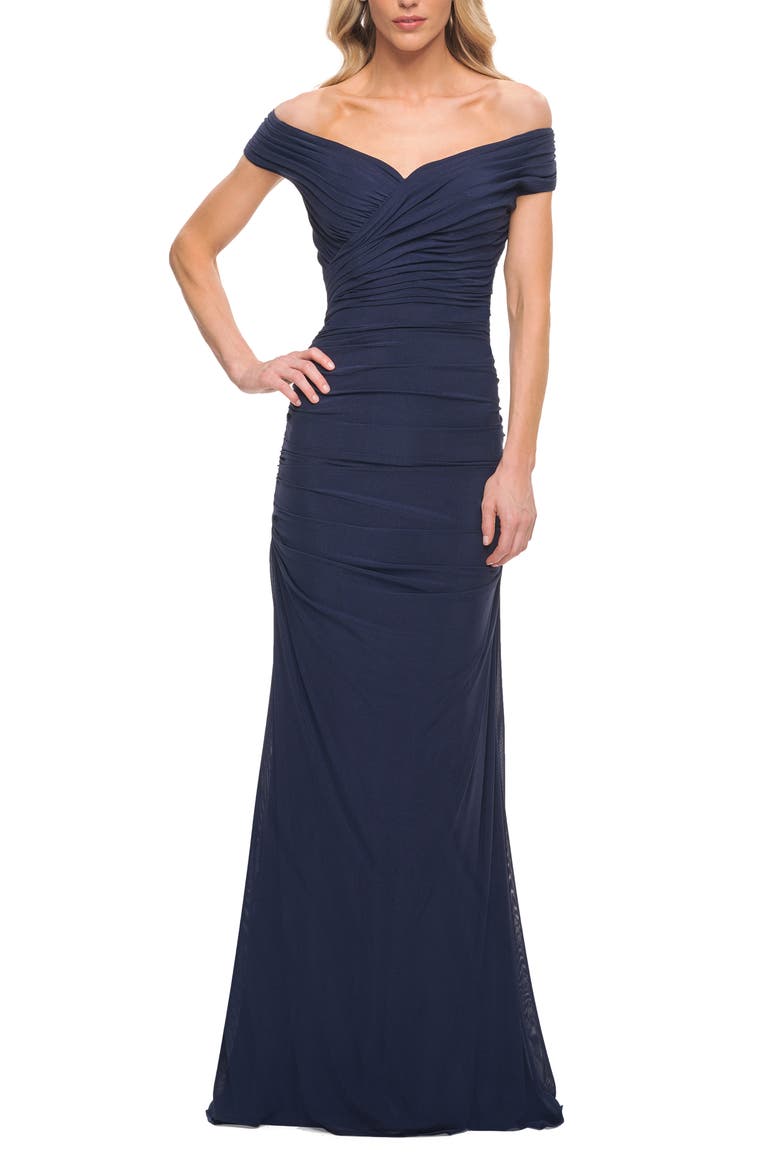 Long Ruched Gown with Off the Shoulder Top, Main, color, Navy