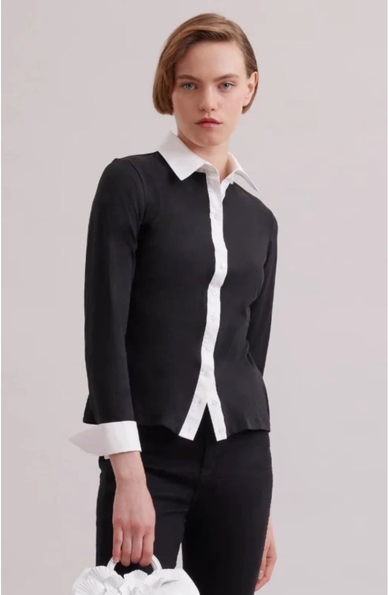 Anne Fontaine Women's Shirt Nuage White Cotton Long Sleeve Shirt With Classic Collar And Front Buttons, Alternate, color, Black/White
