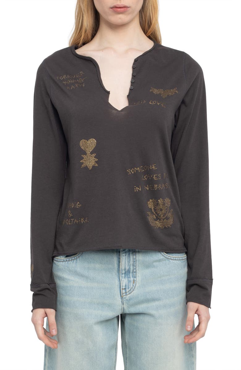 Zadig & Voltaire Multi Strass Beaded Cotton Top, Main, color, Dark Chocolate