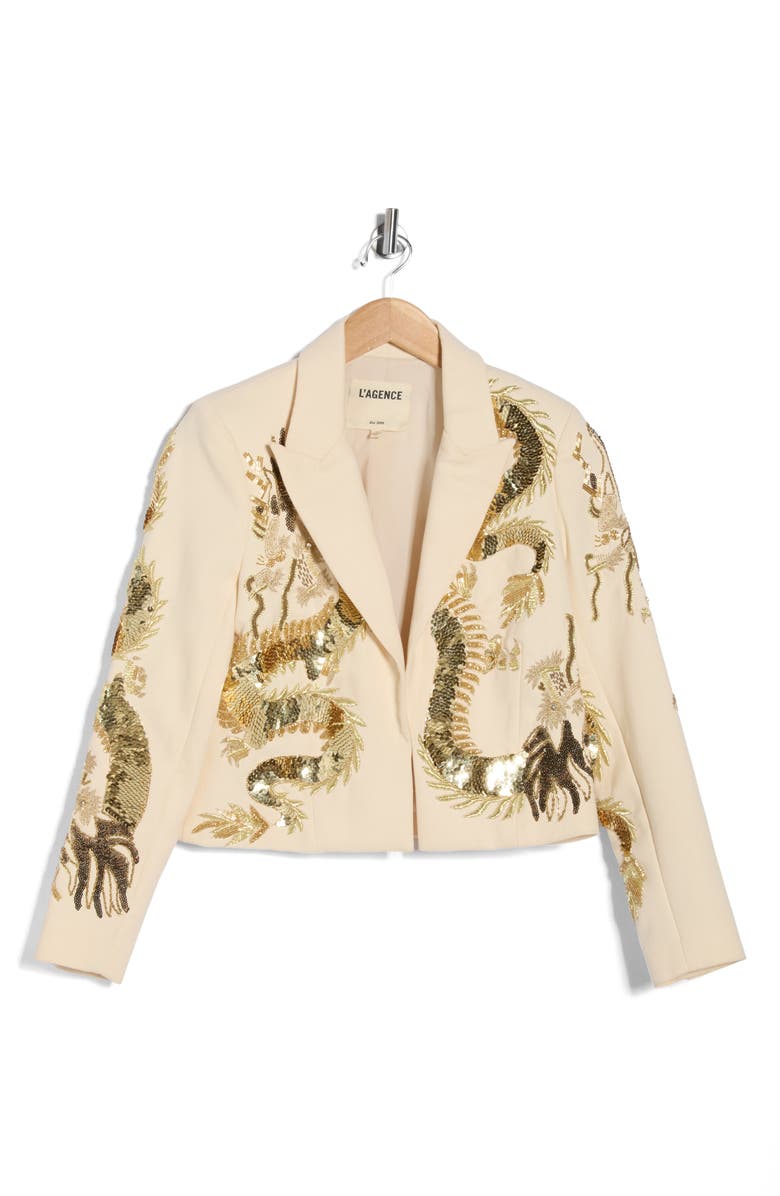 L'AGENCE Noely Beaded Dragon Cropped Blazer, Main, color, Ecru/ Dragon Embellishment
