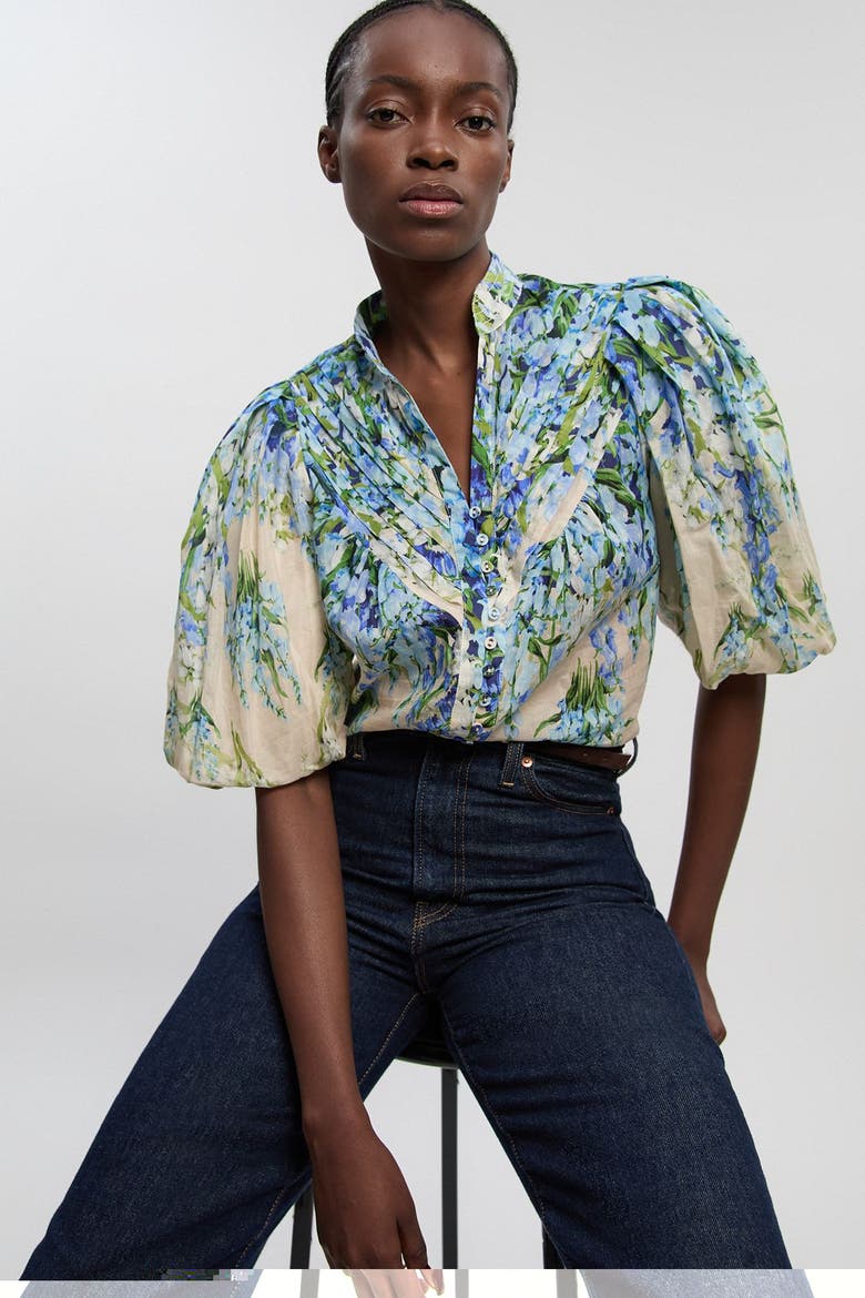Floral Puff Sleeve Blouse, Alternate, color, Blue
