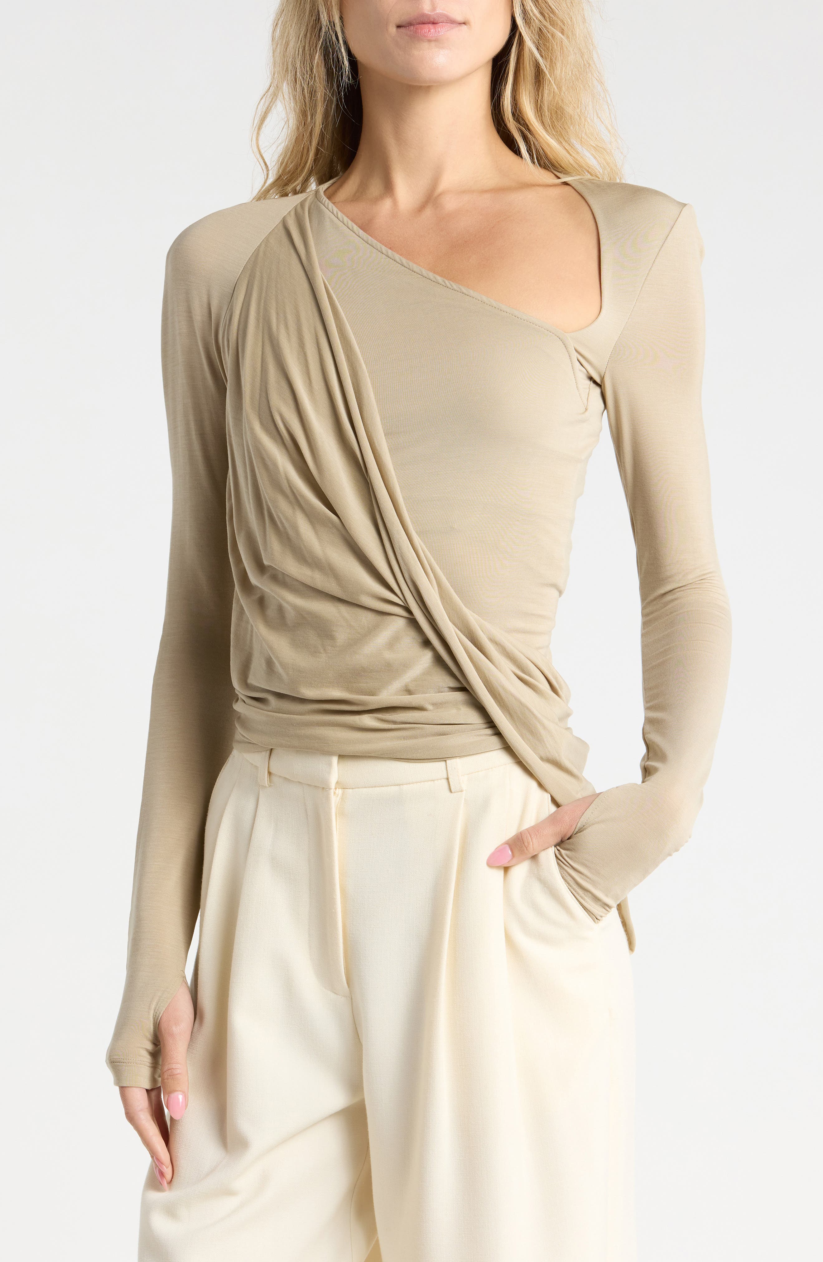 Asymmetric Faux Wrap Long Sleeve Shirt