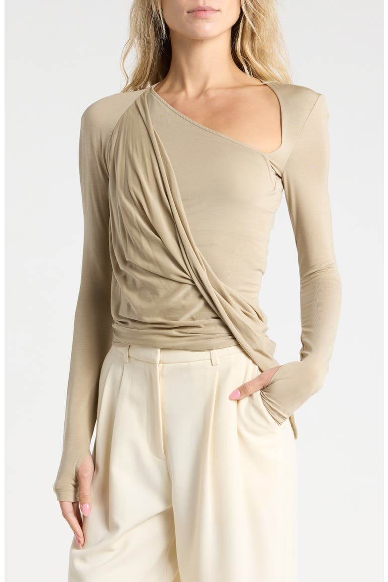 Asymmetric Faux Wrap Long Sleeve Shirt, Main, color, TAUPE