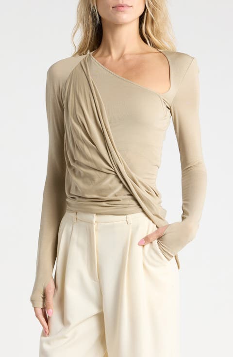 Asymmetric Faux Wrap Long Sleeve Shirt