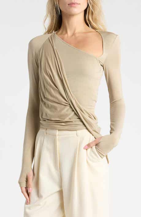 Asymmetric Faux Wrap Long Sleeve Shirt