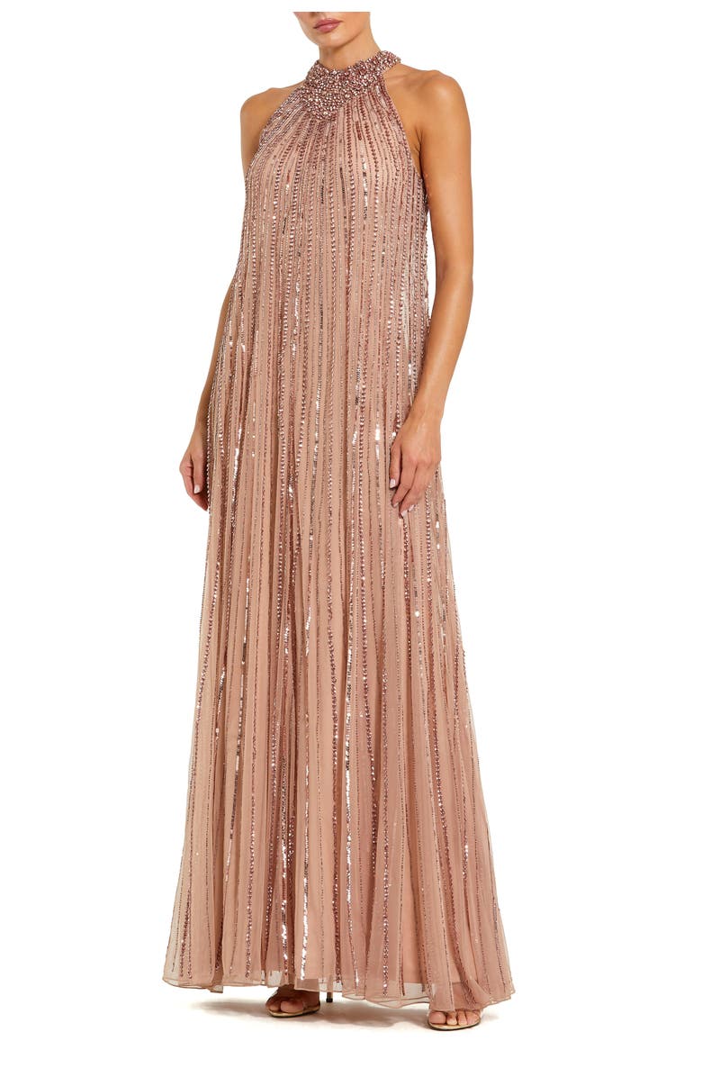 Mac Duggal Sleeveless Halter Neck Mesh Sequin Trapeze Gown, Main, color, Antique Rose