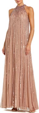 Mac Duggal Sleeveless Halter Neck Mesh Sequin Trapeze Gown