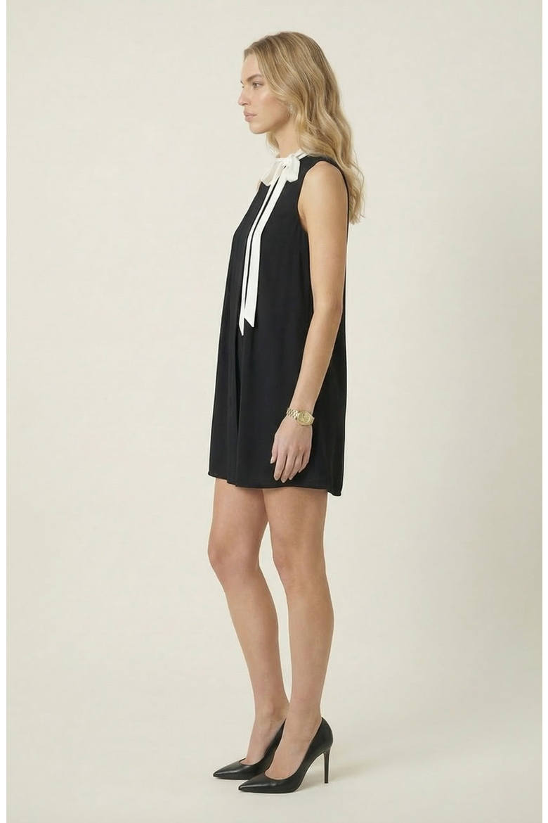 Sleeveless Shift Dress with Contrast Tie Neck and Pleat Detail, Alternate, color, Black / White