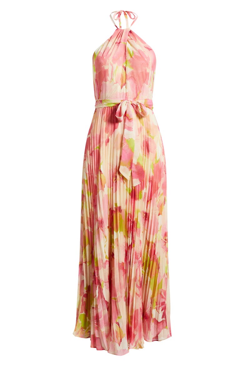 Floral Pleated Chiffon Halter Dress, Alternate, color, PINK MULTI