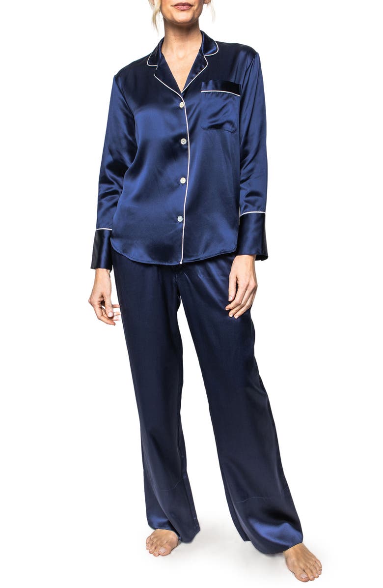 Petite Plume Piped Silk Pajamas, Main, color,