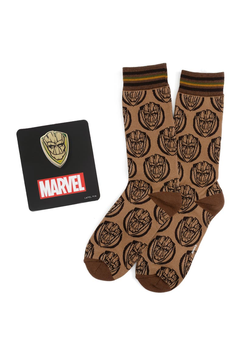 x Marvel Groot Cotton Blend Dress Socks & Lapel Pin Set, Main, color, BROWN