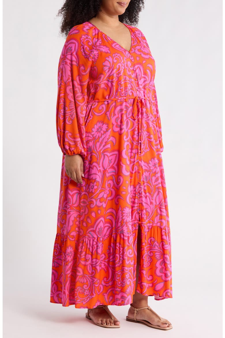 Marinda Floral Print Long Sleeve Maxi Dress, Alternate, color, ORANGE-FUCHSIA
